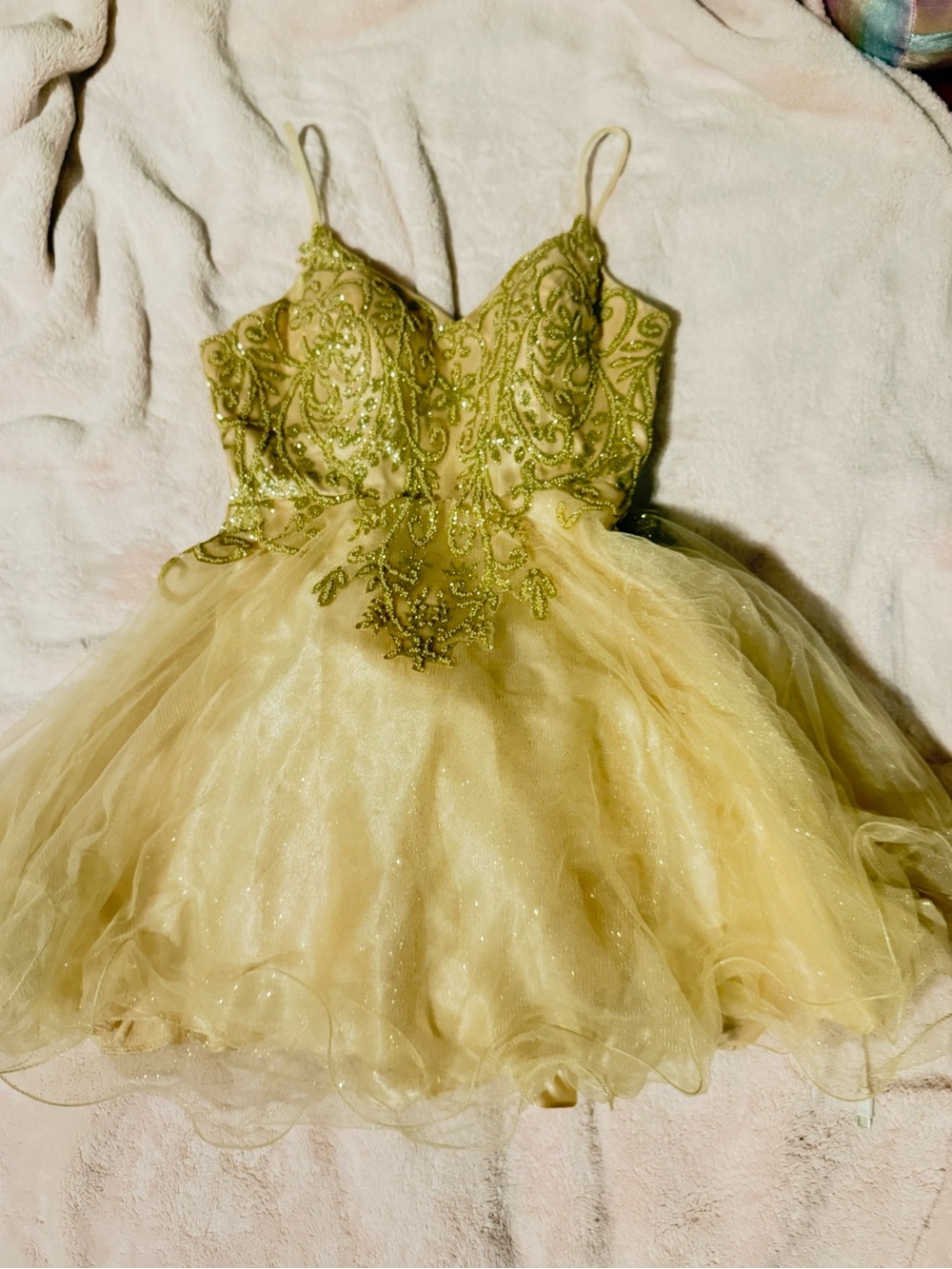 Girls' Gold Embellished Rhinestone Tulle Party Dress